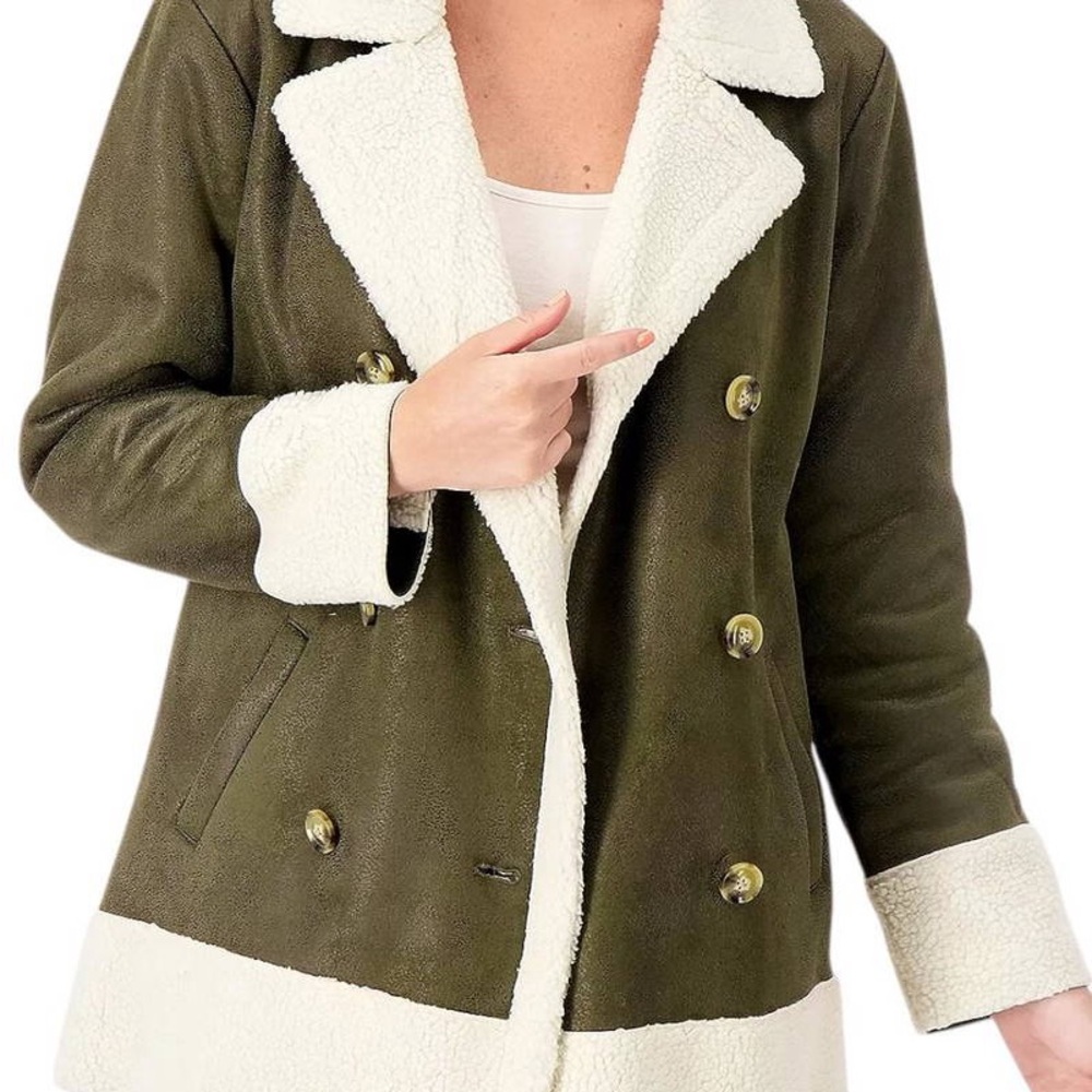 Candace Cameron Bure Olive Teddy Jacket with Cream Accents